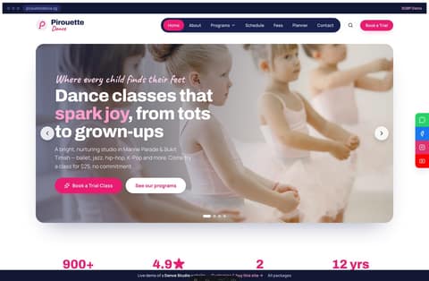 Pirouette dance studio Singapore website homepage demo — a bright carousel hero, navy pill nav, hot-pink Book-a-Trial and a grid of program tiles