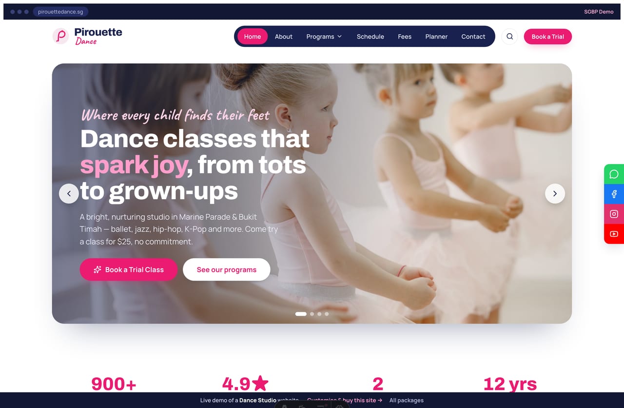Pirouette dance studio Singapore website homepage demo — a bright carousel hero, navy pill nav, hot-pink Book-a-Trial and a grid of program tiles