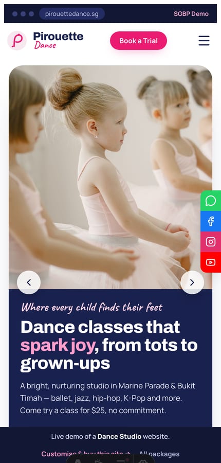 The Pirouette dance-studio website on mobile — carousel hero and a sticky Book-a-Trial CTA at 430px