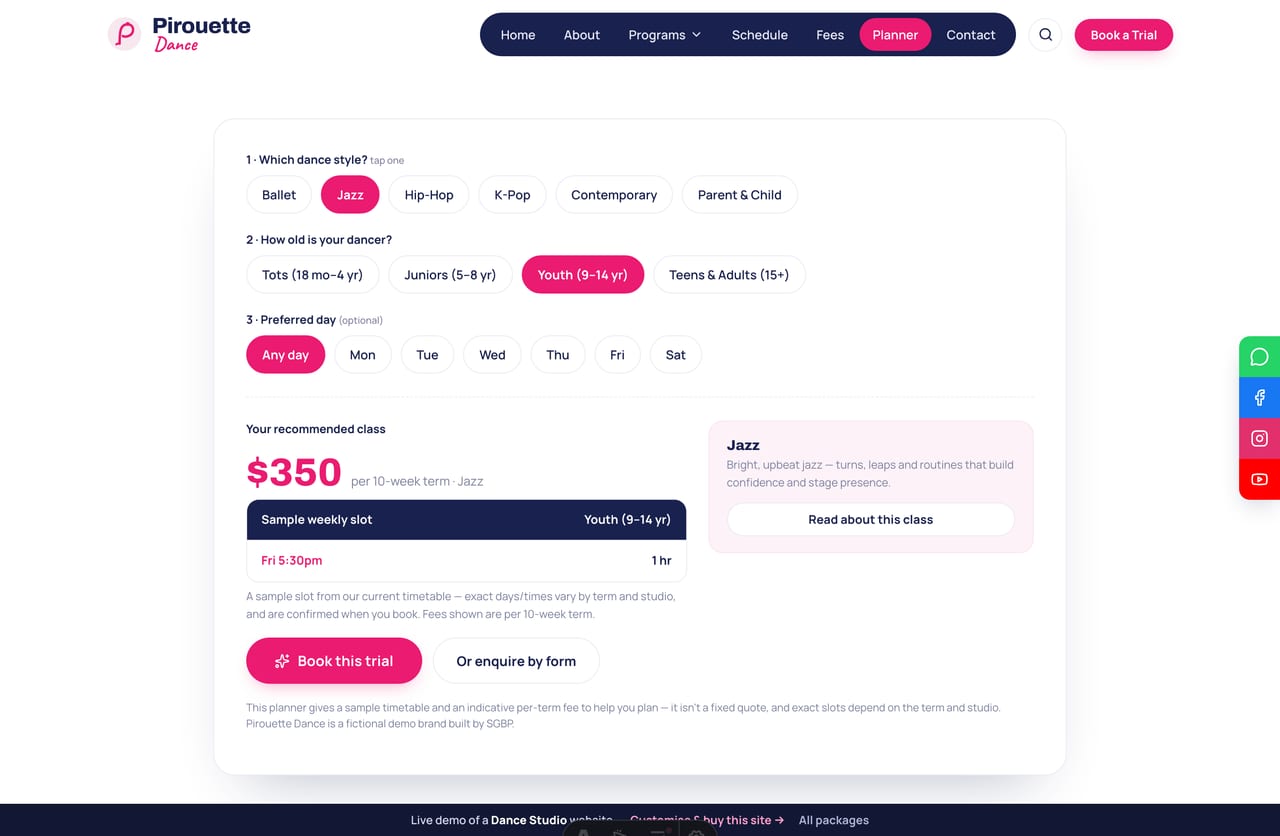 Class & Term Planner result on a Singapore dance-studio site — a recommended class, a sample weekly timetable slot, the per-term fee and a book-a-trial CTA