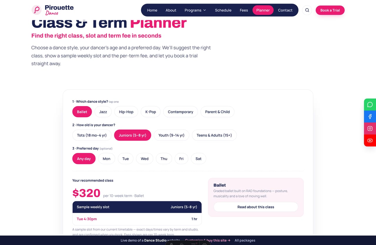 The interactive Class & Term Planner on the Pirouette demo — pick a style, dancer age and day for a recommended class, sample slot and term fee