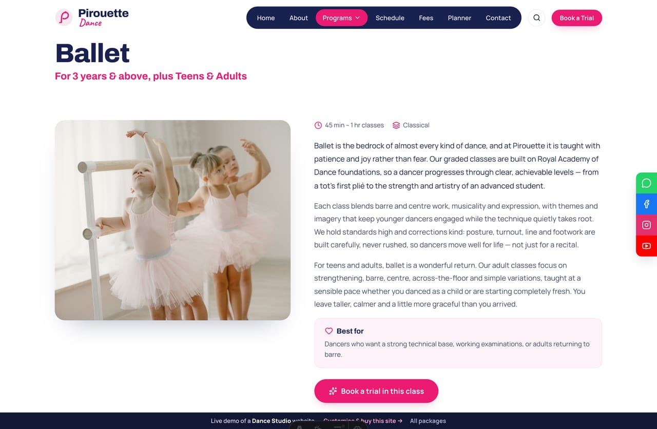 A program detail page on the Pirouette demo — a class photo, an intro article, age range, and a tabbed What’s-covered / Outcomes / Who-it’s-for block