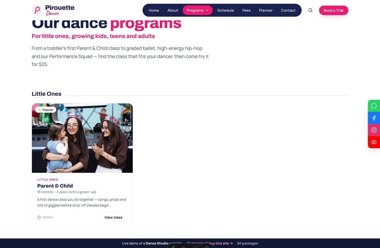 Programs listing page on the Pirouette demo — ballet, jazz, hip-hop, K-Pop, contemporary, acro and parent-child grouped by category as photo cards