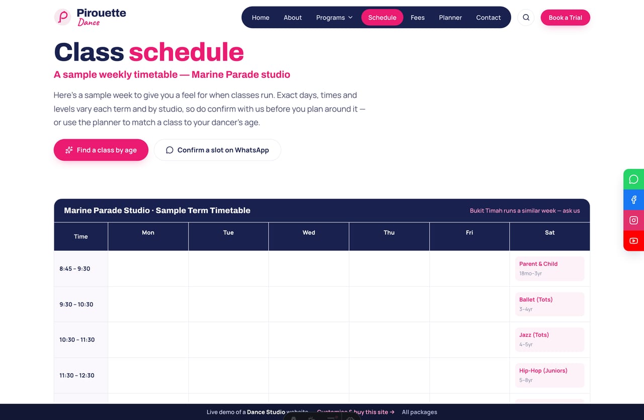 Class schedule page on the Pirouette demo — a weekly timetable grid of days and time slots with class names and age bands