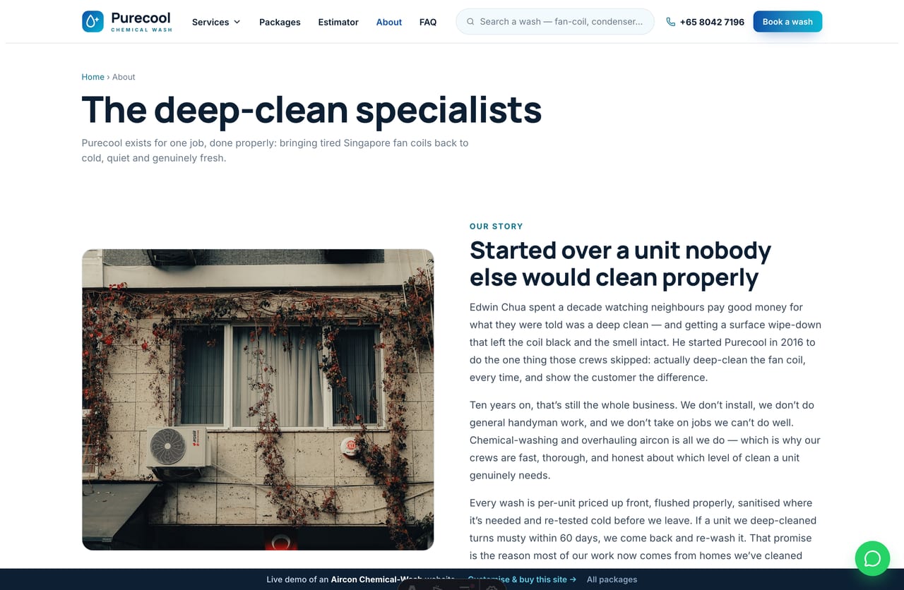 The About page for a Singapore chemical-wash specialist — founder story, stats band and the wash crews
