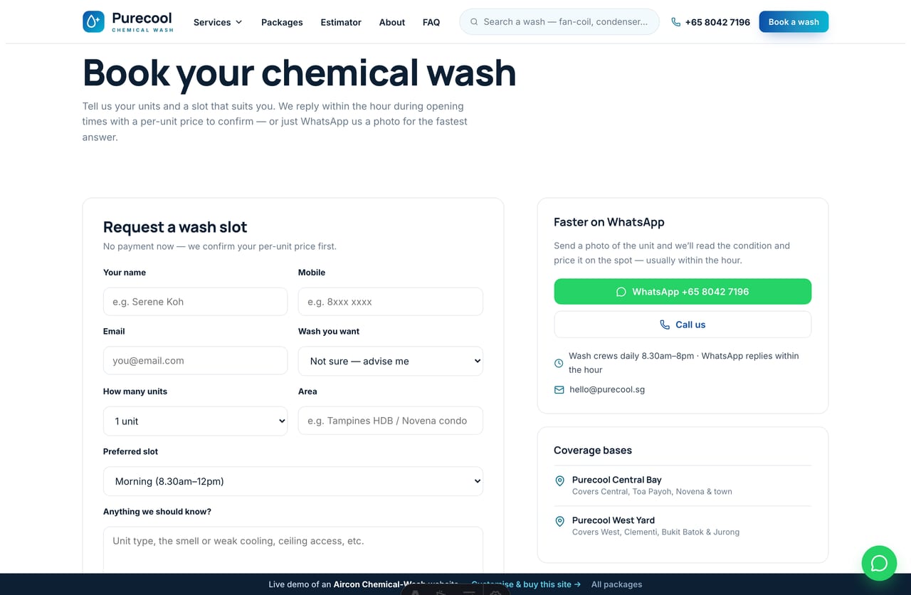 Book-a-wash page on the Purecool demo — a PDPA-aware booking form with units, area and slot