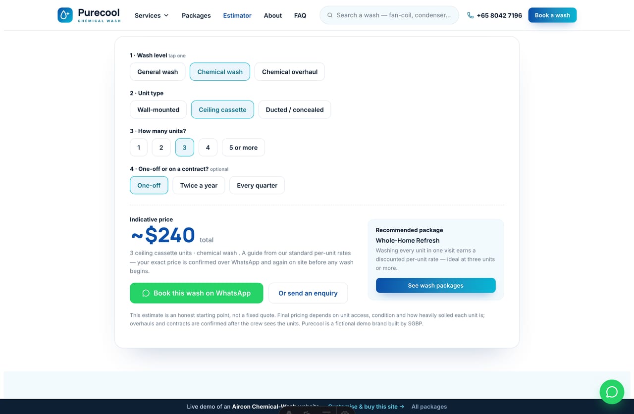 Chemical Wash Estimator result on a Singapore aircon site — an indicative price, recommended package and a book-on-WhatsApp CTA