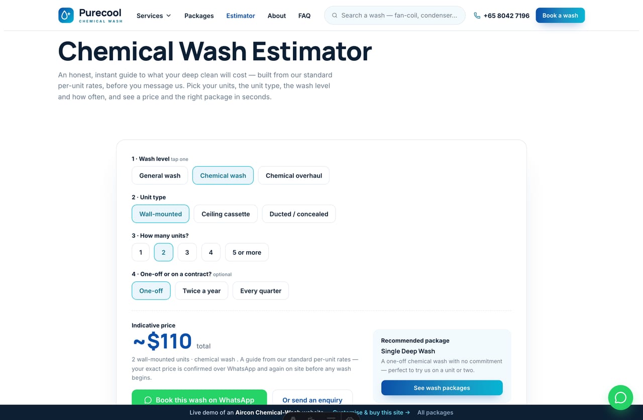 The interactive Chemical Wash Estimator on the Purecool demo — pick units, unit type, wash level and frequency to see an indicative price