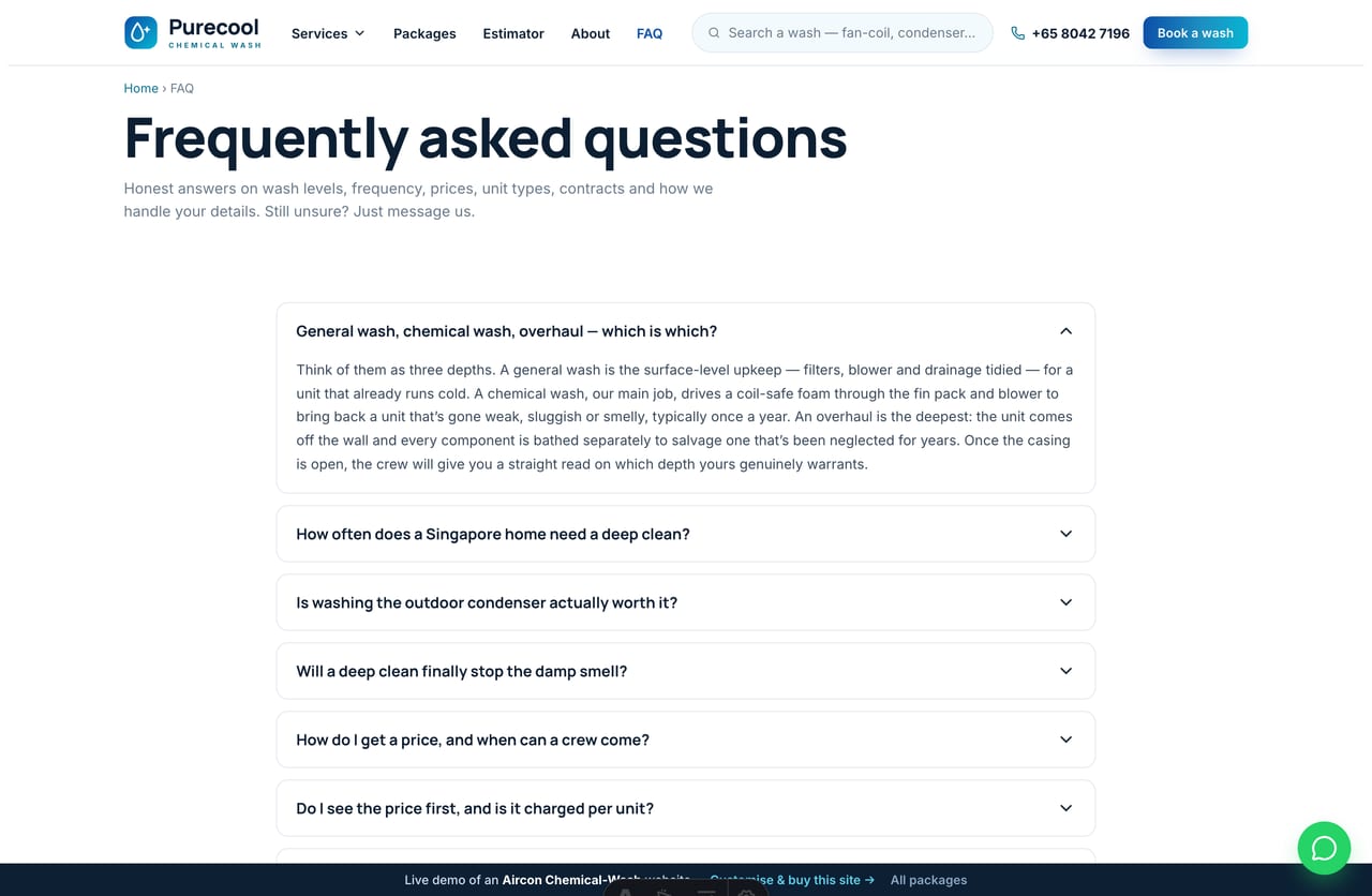 FAQ page on the Purecool demo — a clean question accordion for wash levels, frequency and pricing