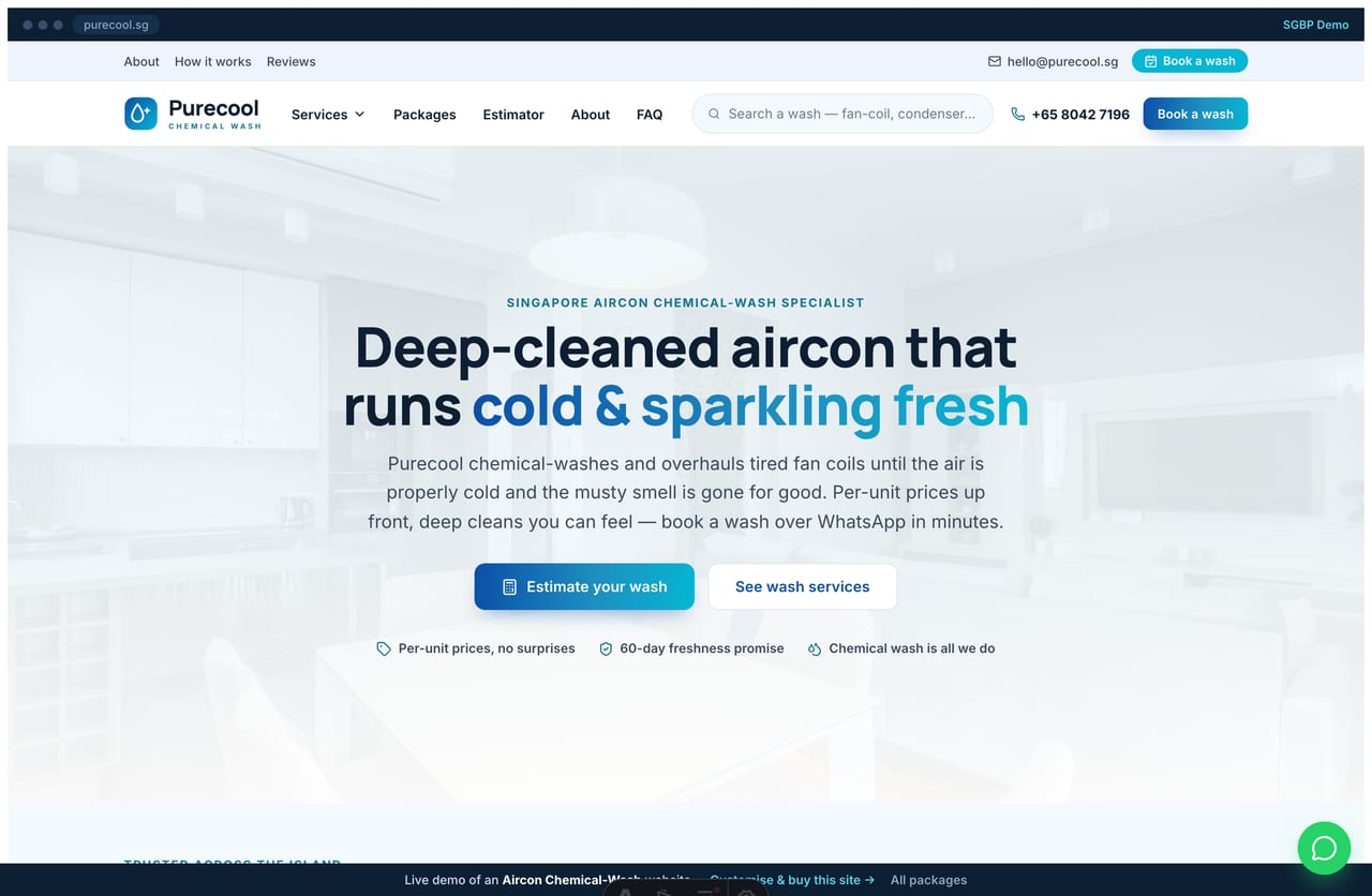 Purecool aircon chemical-wash Singapore website homepage demo — a fresh cyan-and-blue site with a centred light-photo hero, product-style wash cards and an estimator