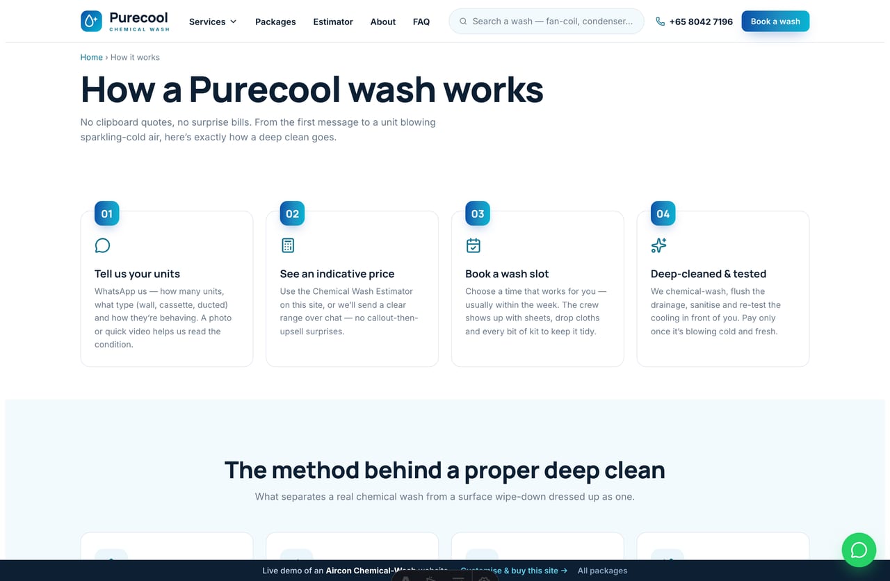 How-it-works page on the Purecool demo — a numbered four-step deep-clean flow and the wash method