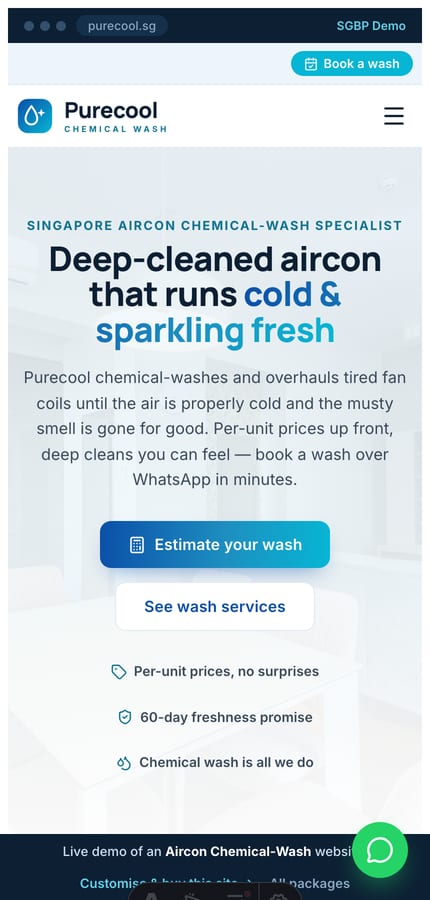 The Purecool aircon chemical-wash website on mobile — the centred hero and book CTA at 430px