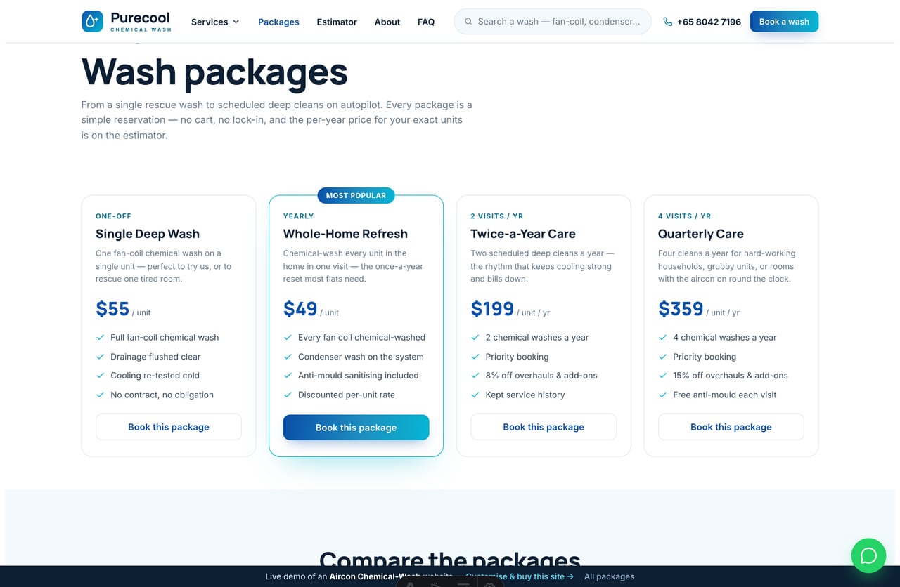 Wash packages page on the Purecool demo — single, whole-home and contract packages with a comparison table