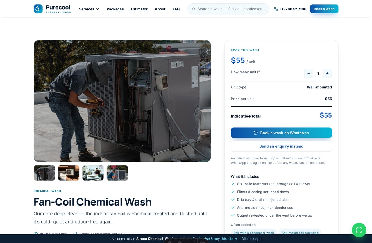 A wash detail page on the Purecool demo — image gallery, a unit-type selector and a sticky book-a-wash summary with a per-unit total