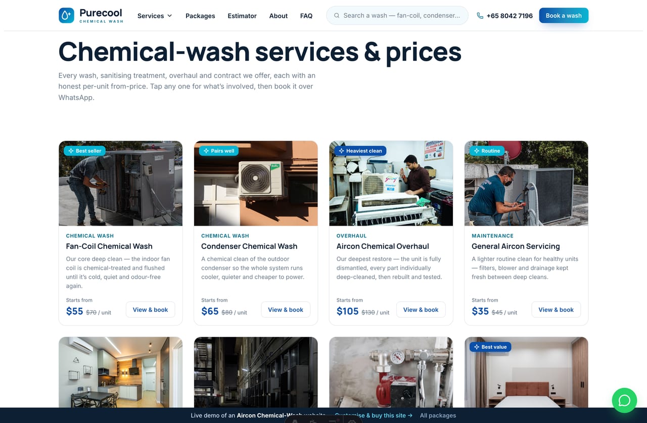 Services page on the Purecool demo — fan-coil and condenser chemical washes, overhauls, sanitising and contracts as priced product cards