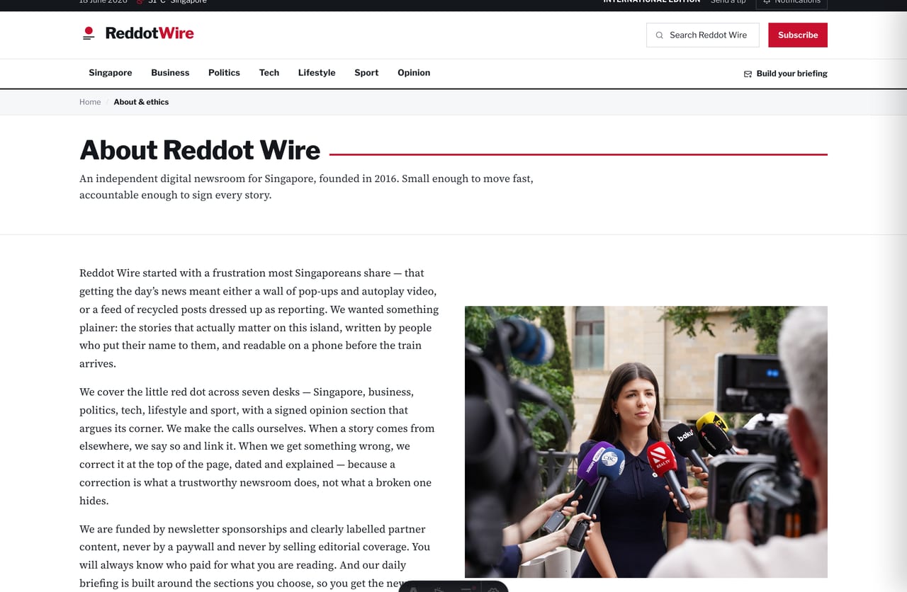 About and ethics page with editorial standards and newsroom team on a news portal