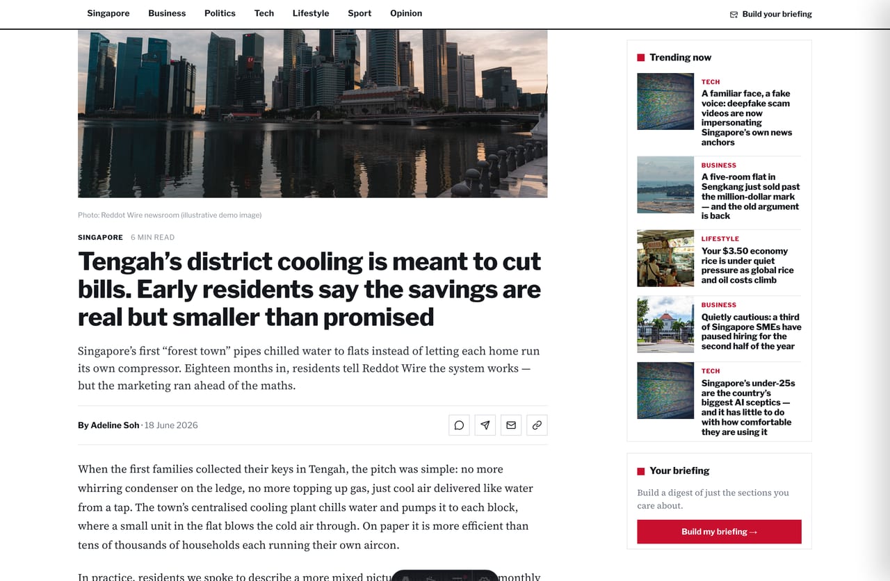 Single news article page with byline, share row, body and trending sidebar