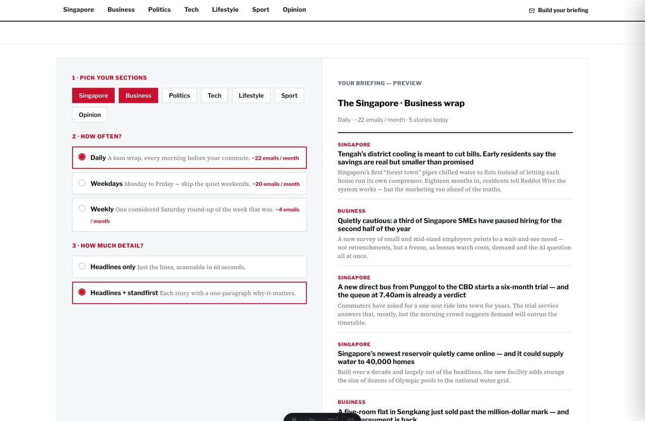 My Briefing Builder tool on a Singapore news website — pick sections and frequency