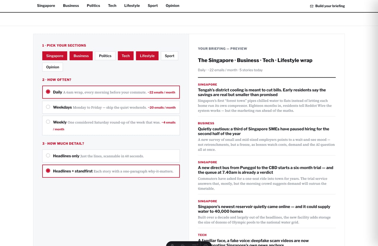Live personalised digest preview generated by the briefing builder on a news site