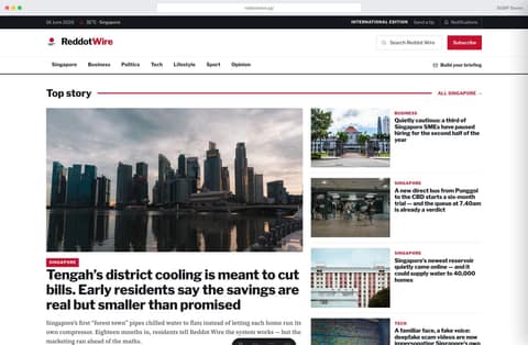 Reddot Wire news portal homepage demo — lead story block, category nav and most-read rail (Singapore)