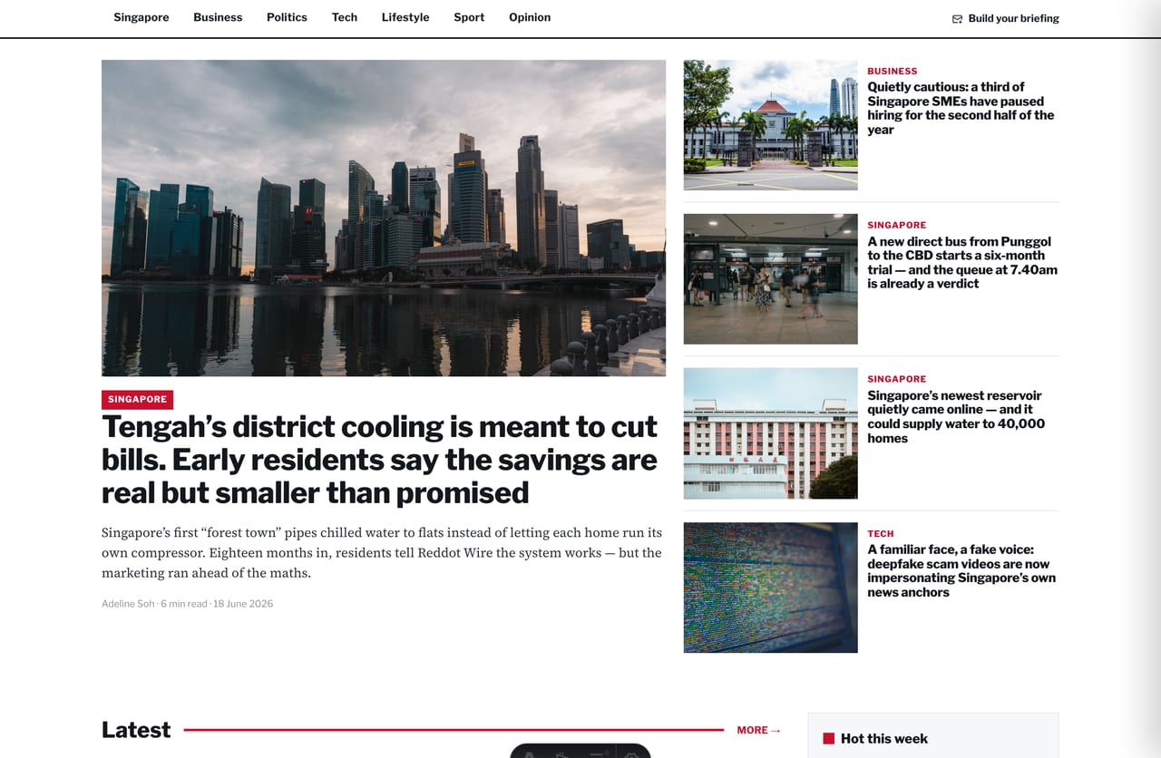 Breaking lead-story block on a Singapore digital news website with a 2x2 secondary headline grid