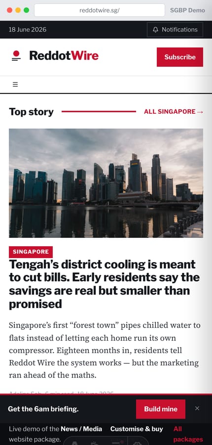 Mobile view of the Reddot Wire news portal with category nav and article feed