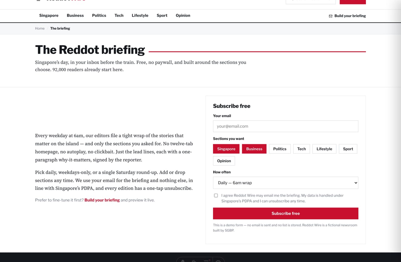 Newsletter subscribe page with section picker and PDPA consent on a news site