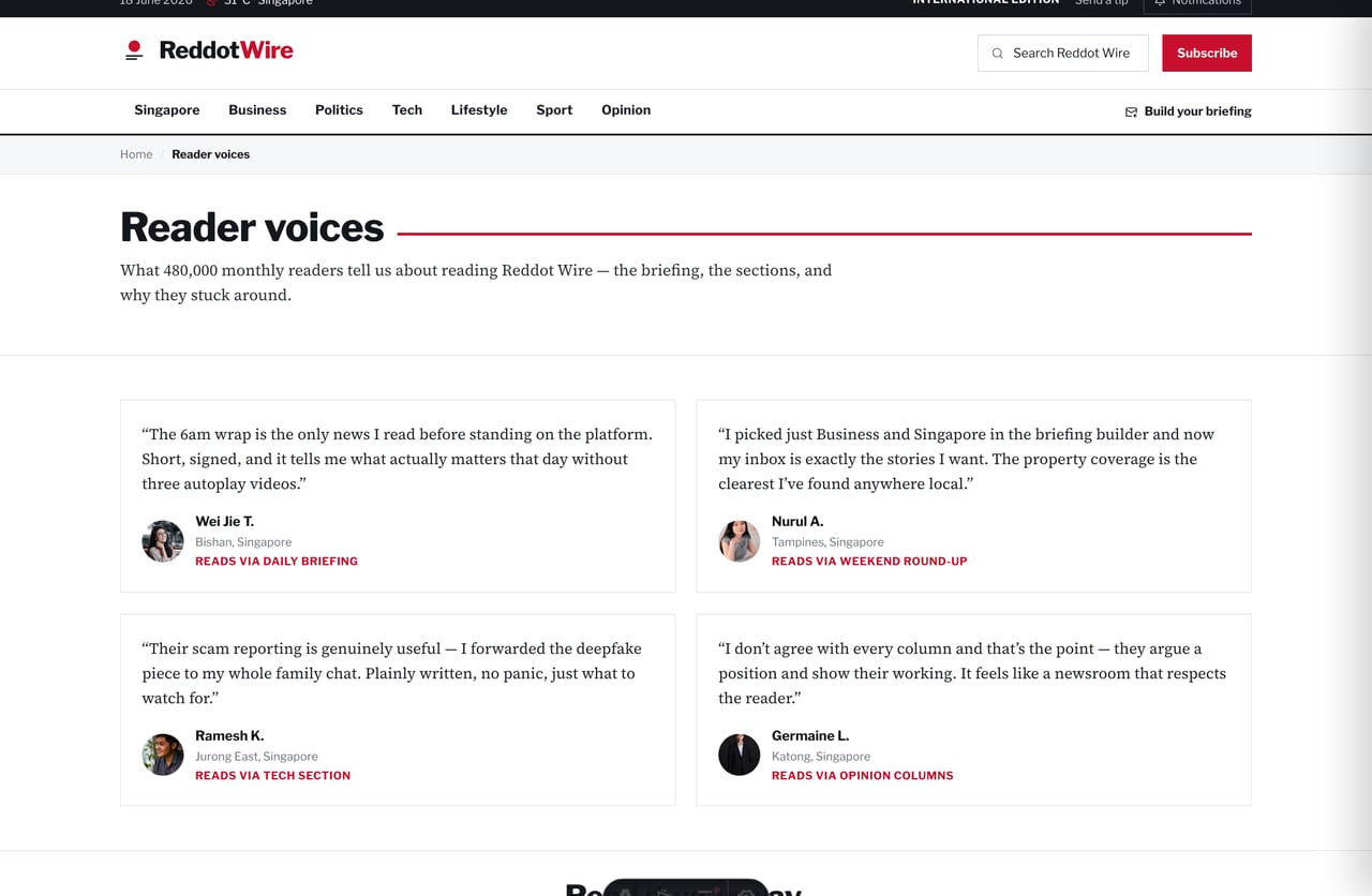 Reader voices testimonials page on a Singapore digital news website