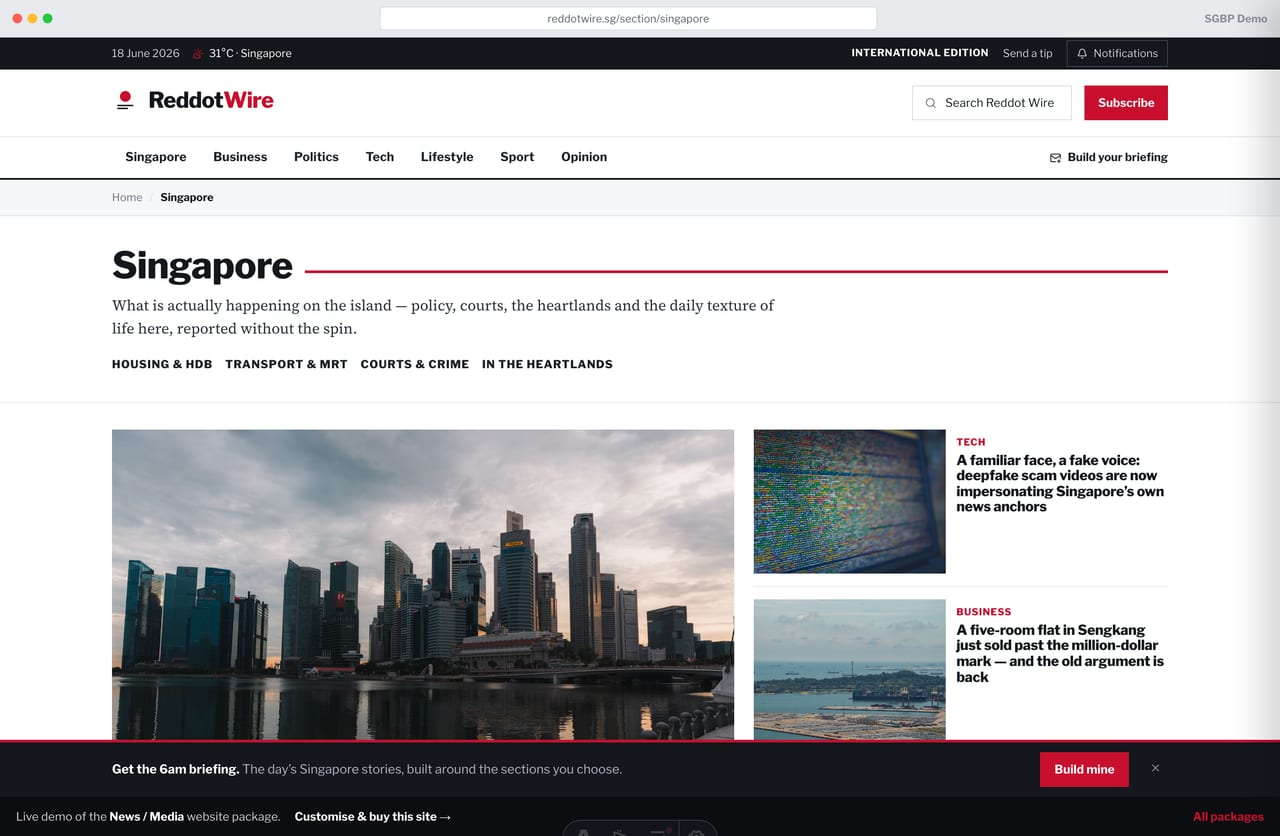Section / category index page with a featured lead and pagination on a news portal