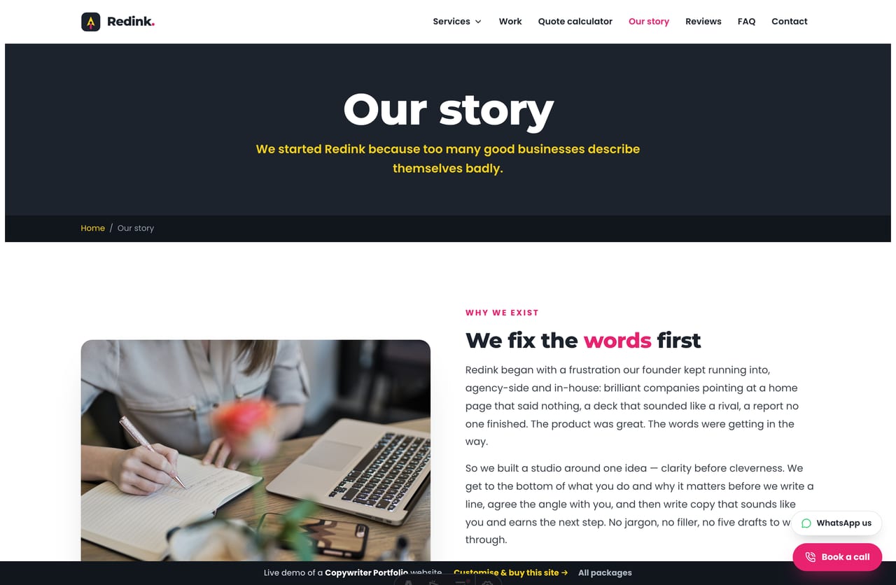 About / our story page on the Redink Copy copywriting studio website
