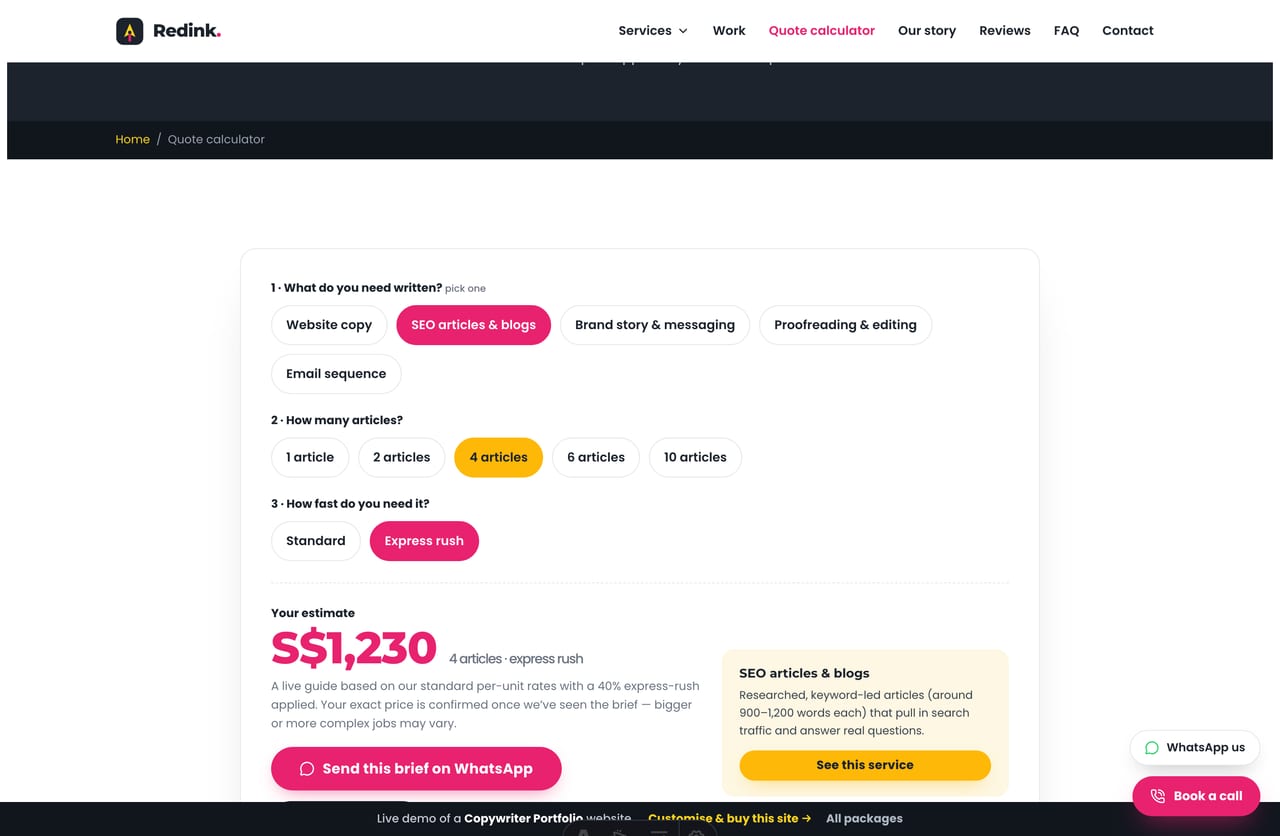 Live SGD quote computed by the Content Quote Calculator on a copywriting portfolio