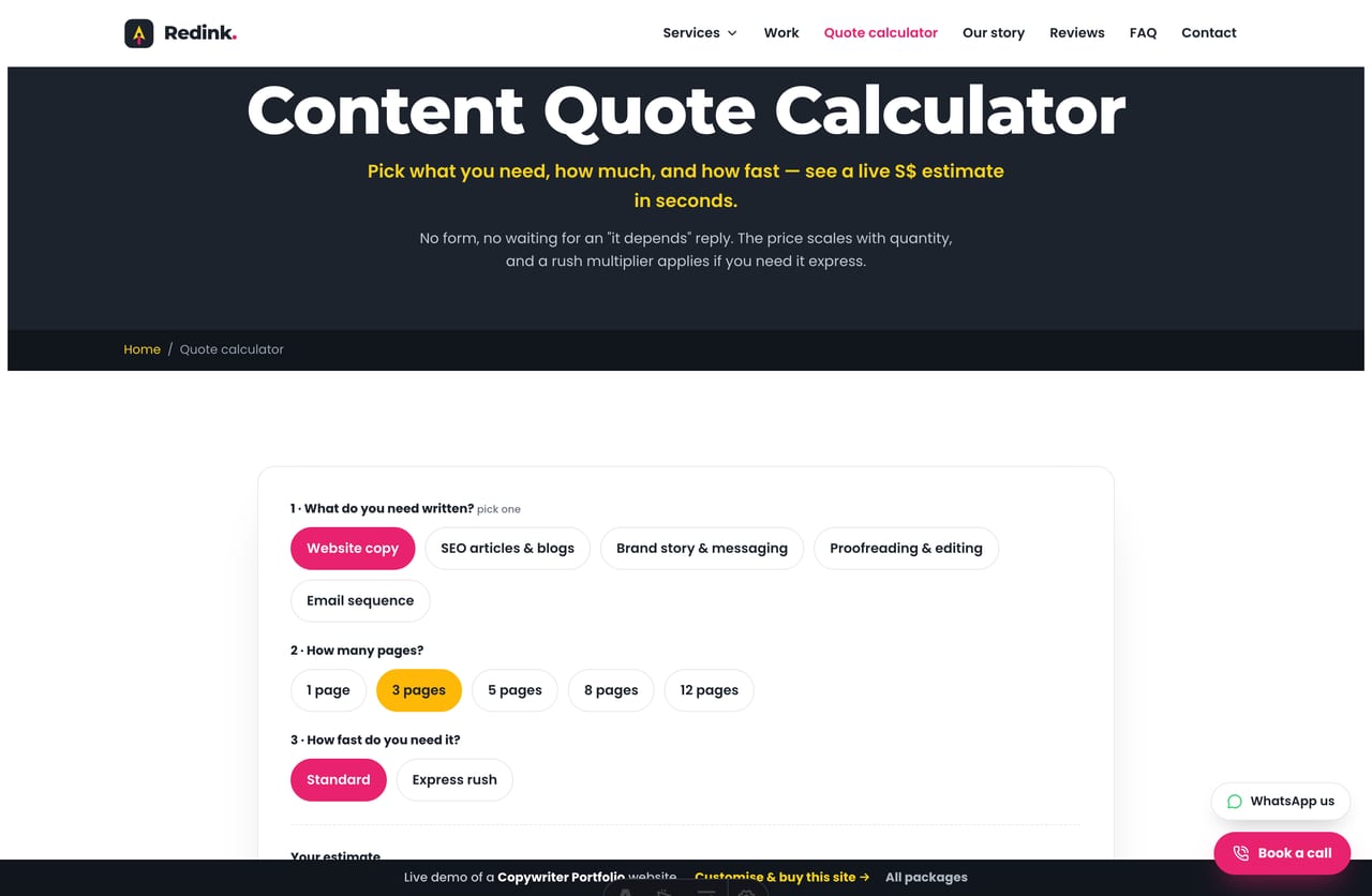 Content Quote Calculator on a Singapore copywriting studio website