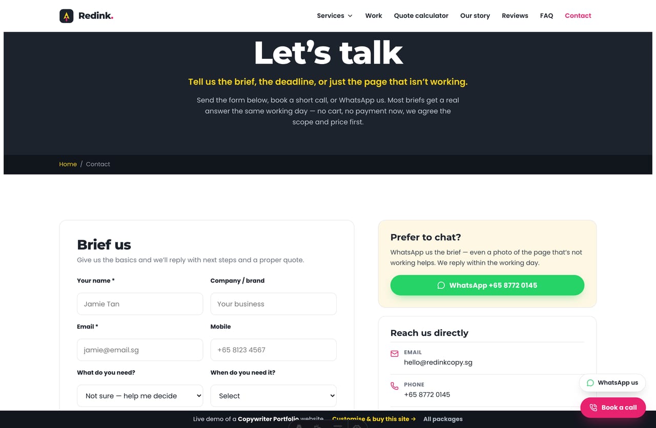 Contact and brief form page on a Singapore copywriter portfolio website