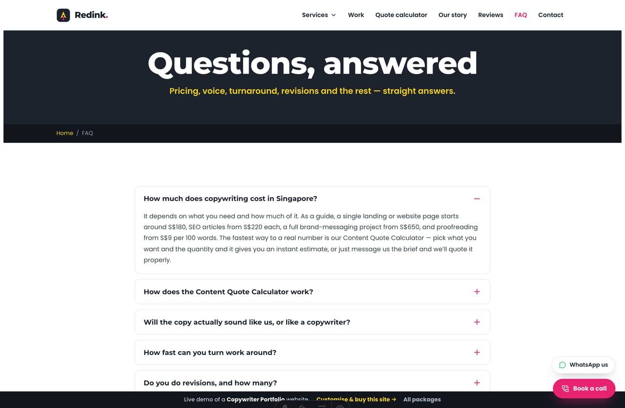 FAQ accordion on a copywriting studio website covering pricing and turnaround