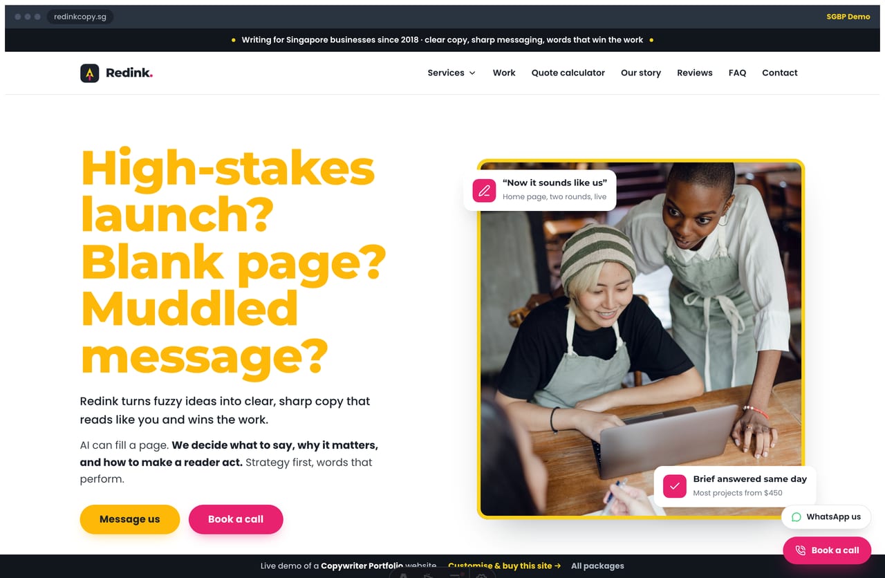 Redink Copy copywriter portfolio homepage demo — split bold-headline hero and service cards (Singapore)