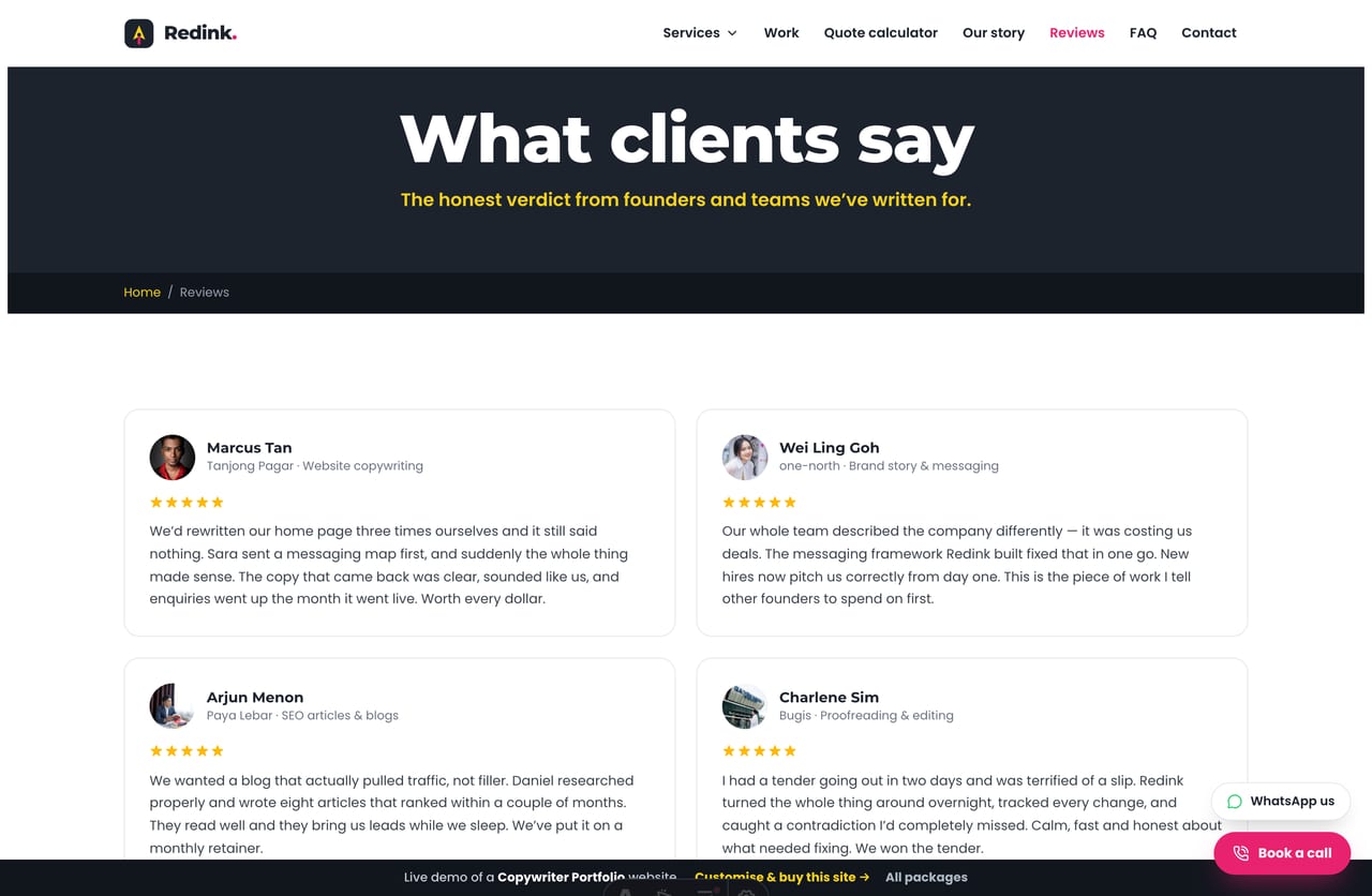Client reviews page on a Singapore copywriting portfolio website