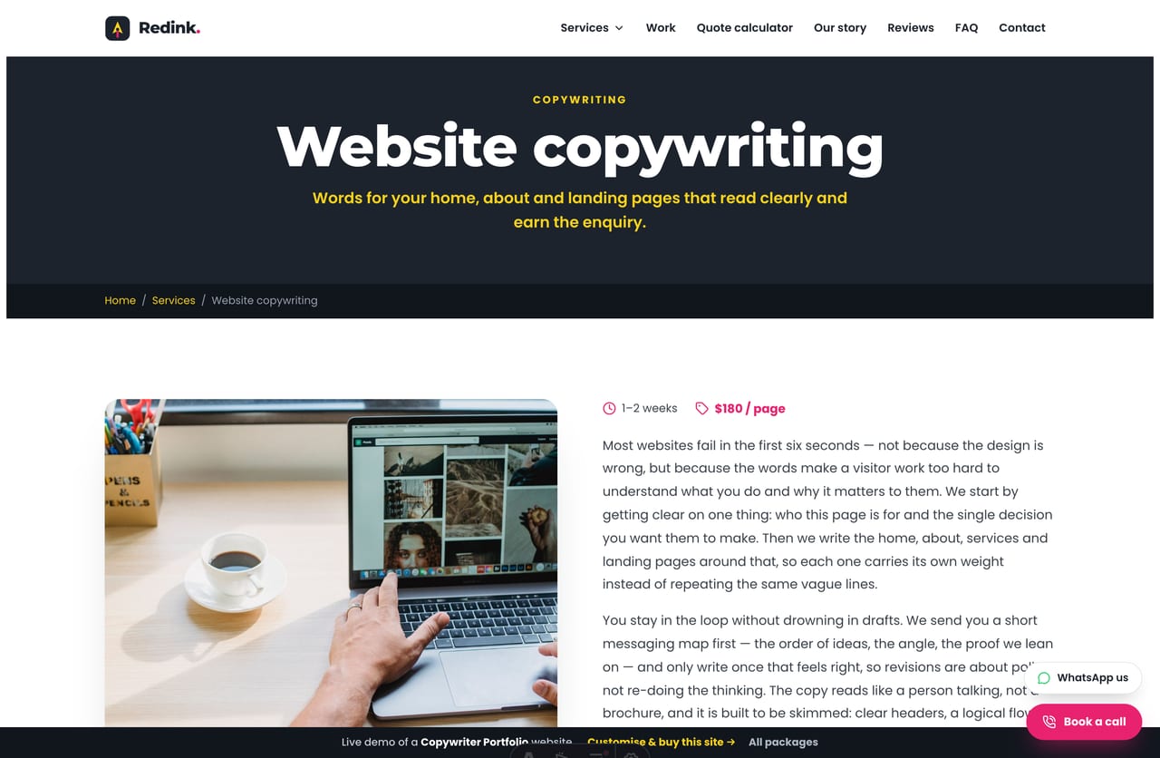 Single copywriting service detail page with benefits and includes