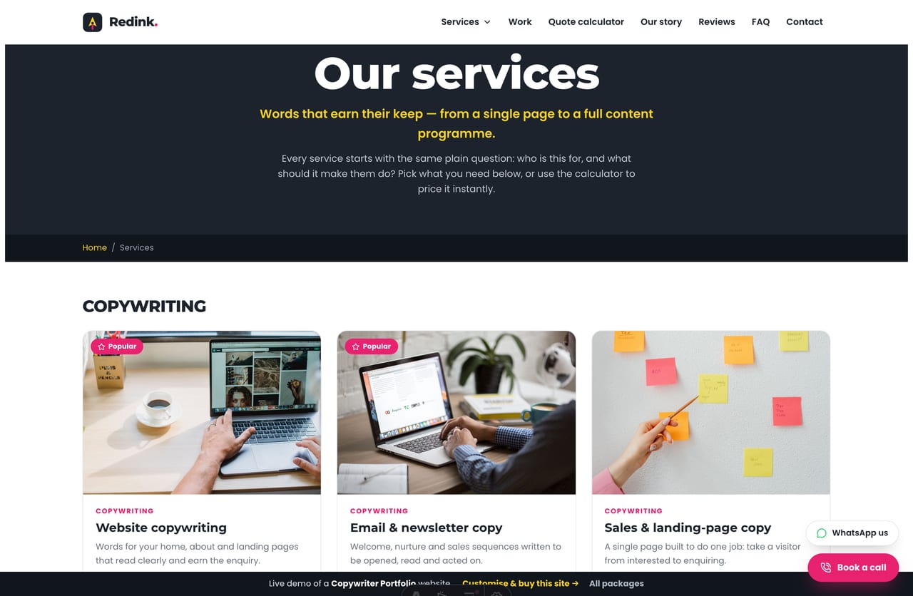 Services listing page grouped by category on a copywriter portfolio website