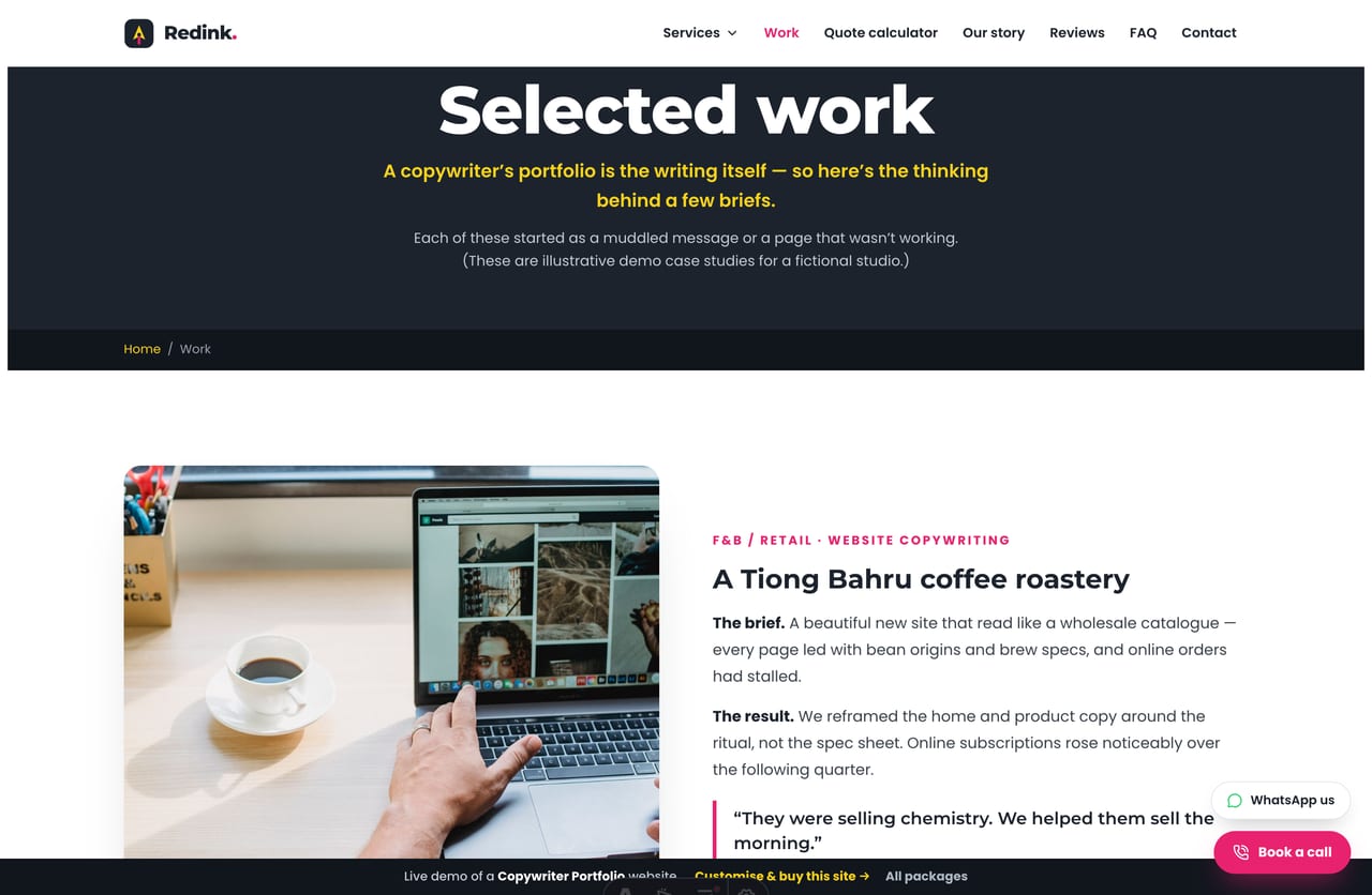 Work and writing samples page with case studies on a copywriter portfolio