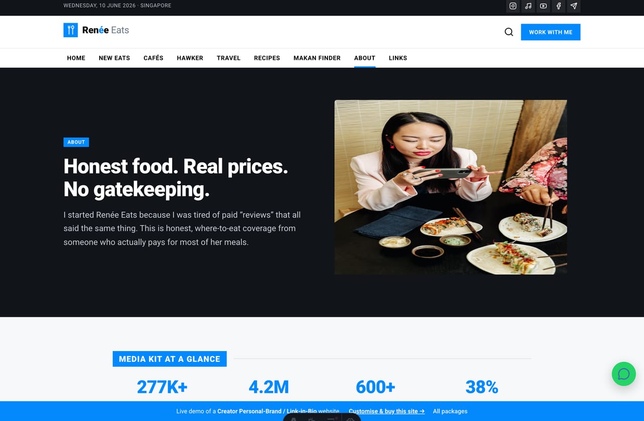 About / media-kit page for a Singapore food & lifestyle creator — story, follower stats and platform breakdown