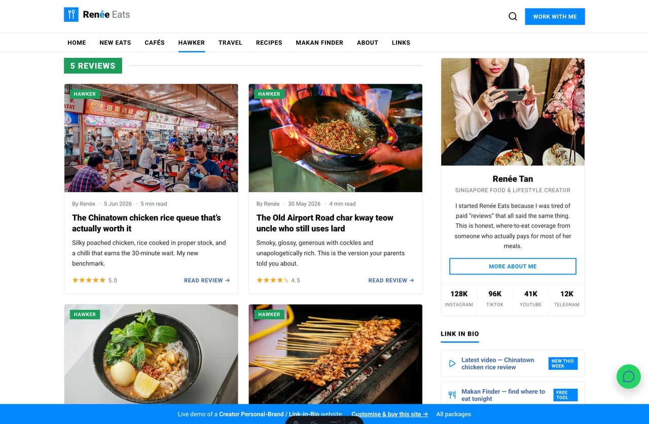 Category archive page on the Renée Eats food creator website — coloured section header and a grid of review cards