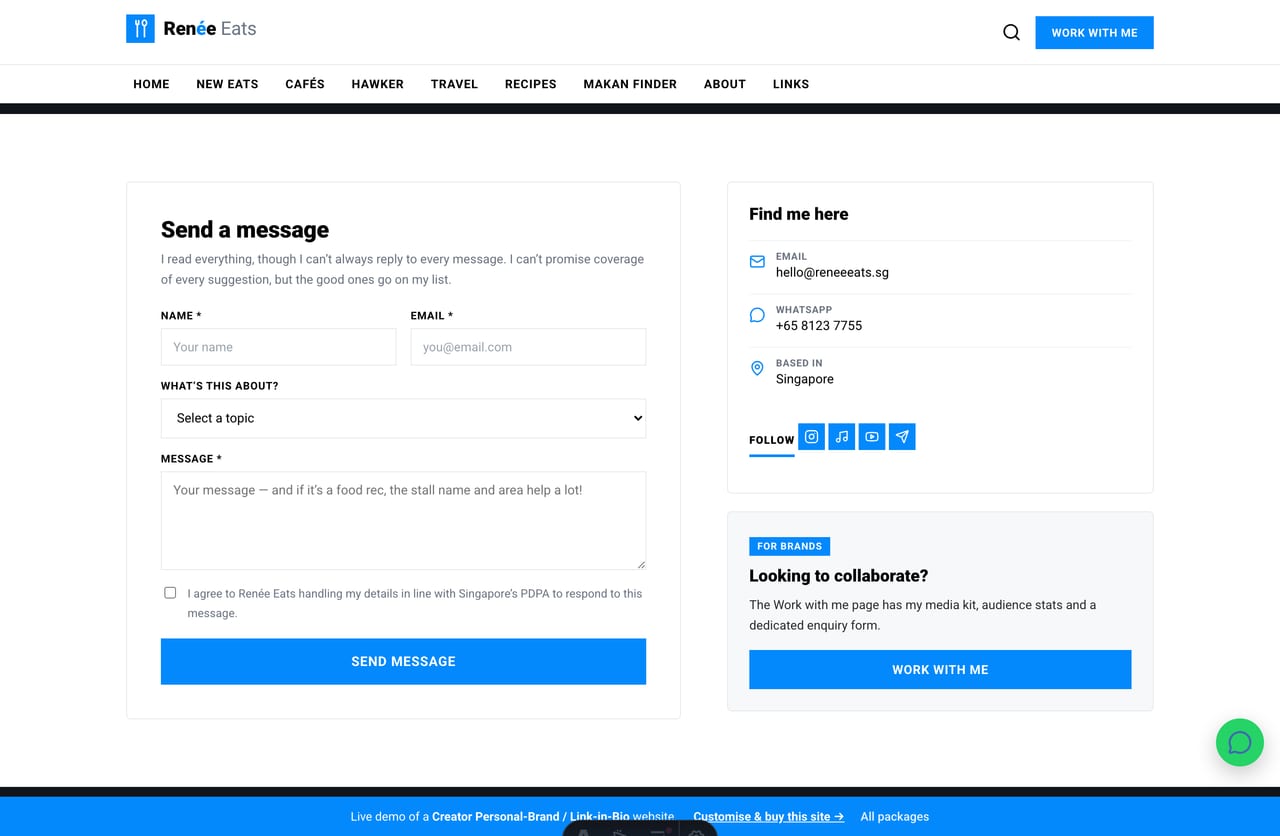 Contact page on the Renée Eats creator website — a PDPA-aware message form, no cart, plus direct contact details and socials