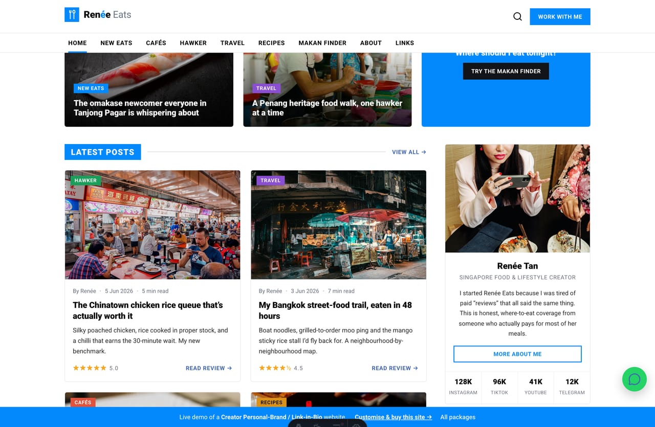 Two-column editorial post feed on a Singapore food creator website — magazine review cards with rating stars beside a creator sidebar