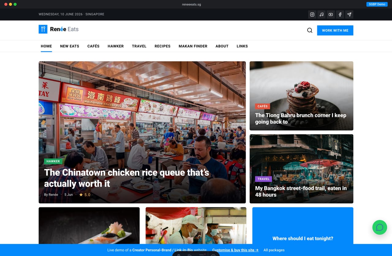 Renée Eats Singapore food & lifestyle creator website homepage demo — editorial featured-posts mosaic, category-coloured tags and social row