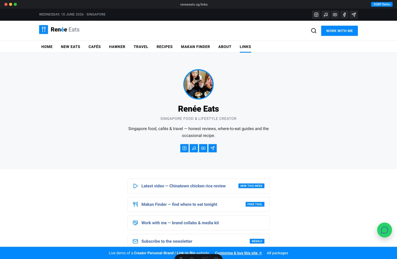 Link-in-bio hub page on a Singapore creator website — avatar, social row and a tap-friendly stack of link buttons