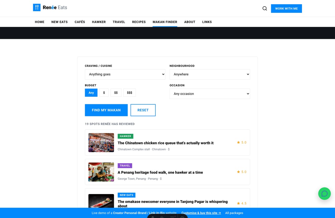 Makan Finder results on a Singapore food creator site — matched, reviewed spots with ratings and links to full reviews