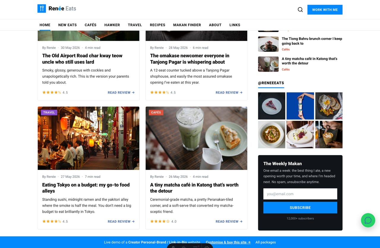Newsletter signup and Instagram-grid widgets on a Singapore food creator website