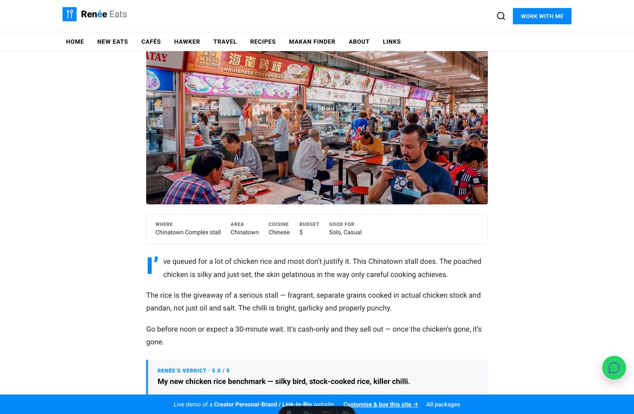 A food review detail page on the Renée Eats demo — hero image, fact box, prose with drop cap and a verdict block with rating