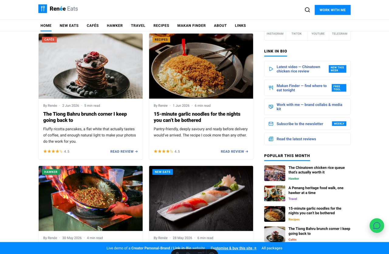 Creator sidebar on a Singapore food website — about-the-creator card with follower counts, link-in-bio stack and Instagram grid