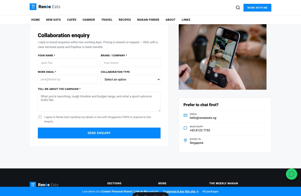Work-with-me brand collaborations page on the Renée Eats demo — collab types, audience stats and a PDPA-aware enquiry form